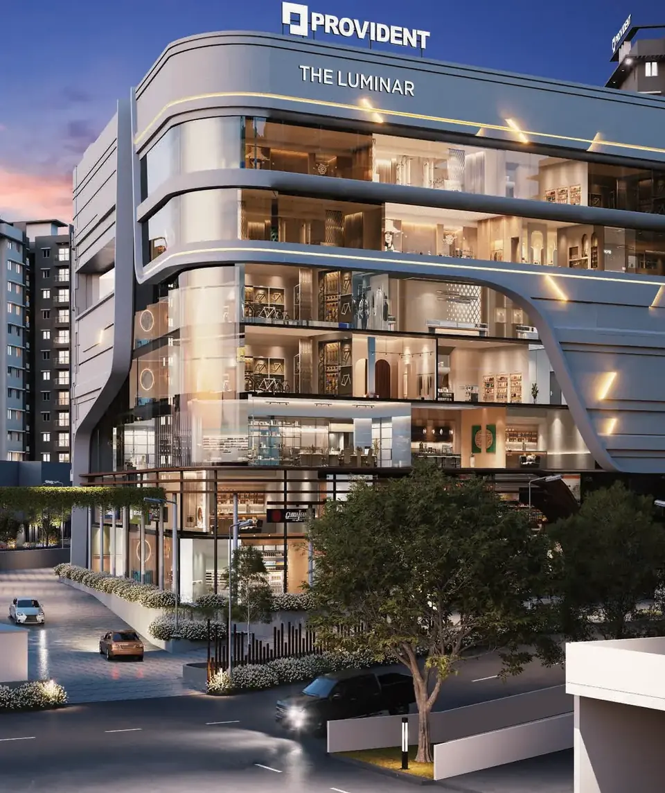 The Luminar commercial building at Provident Sunworth City at dusk, artist’s impression