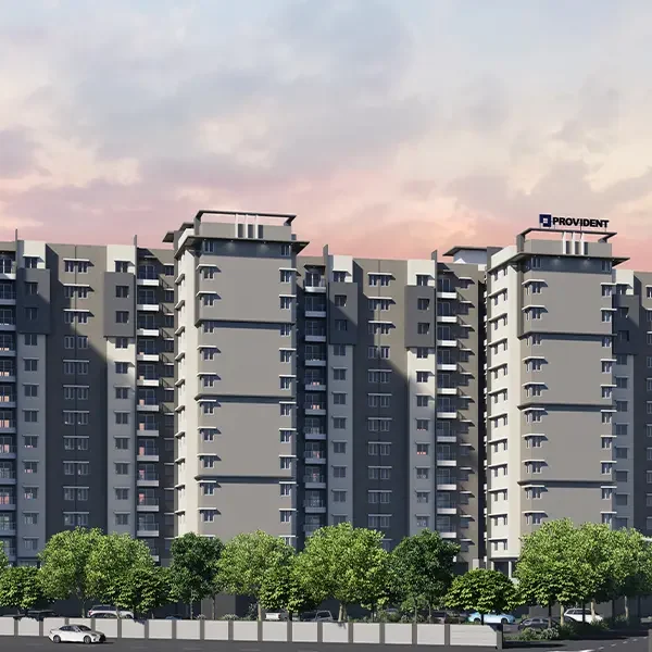 Row of Provident Sunworth City apartment towers at sunrise, artist’s impression