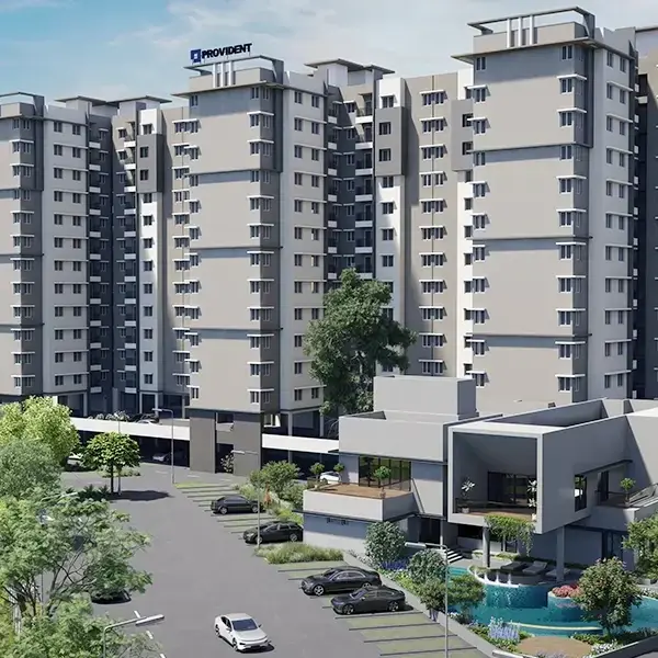 Aerial view of the towers, clubhouse and pool at Provident Sunworth City, artist’s impression