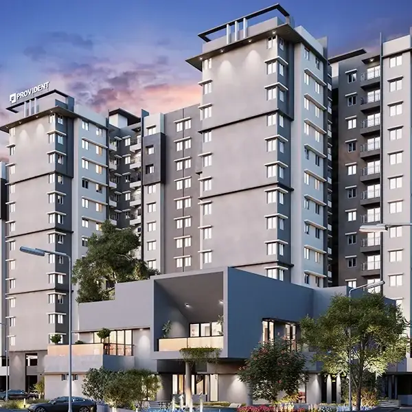 Provident Sunworth City towers and clubhouse at dusk, artist’s impression