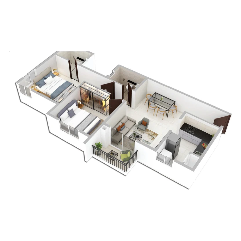 3D view of the Provident Equinox 6 2 BHK home with two bedrooms, living and dining room, kitchen and balcony
