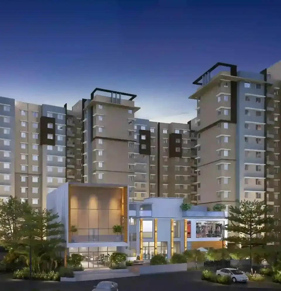 Clubhouse entrance between the towers of Provident Sunworth City at dusk, artist’s impression