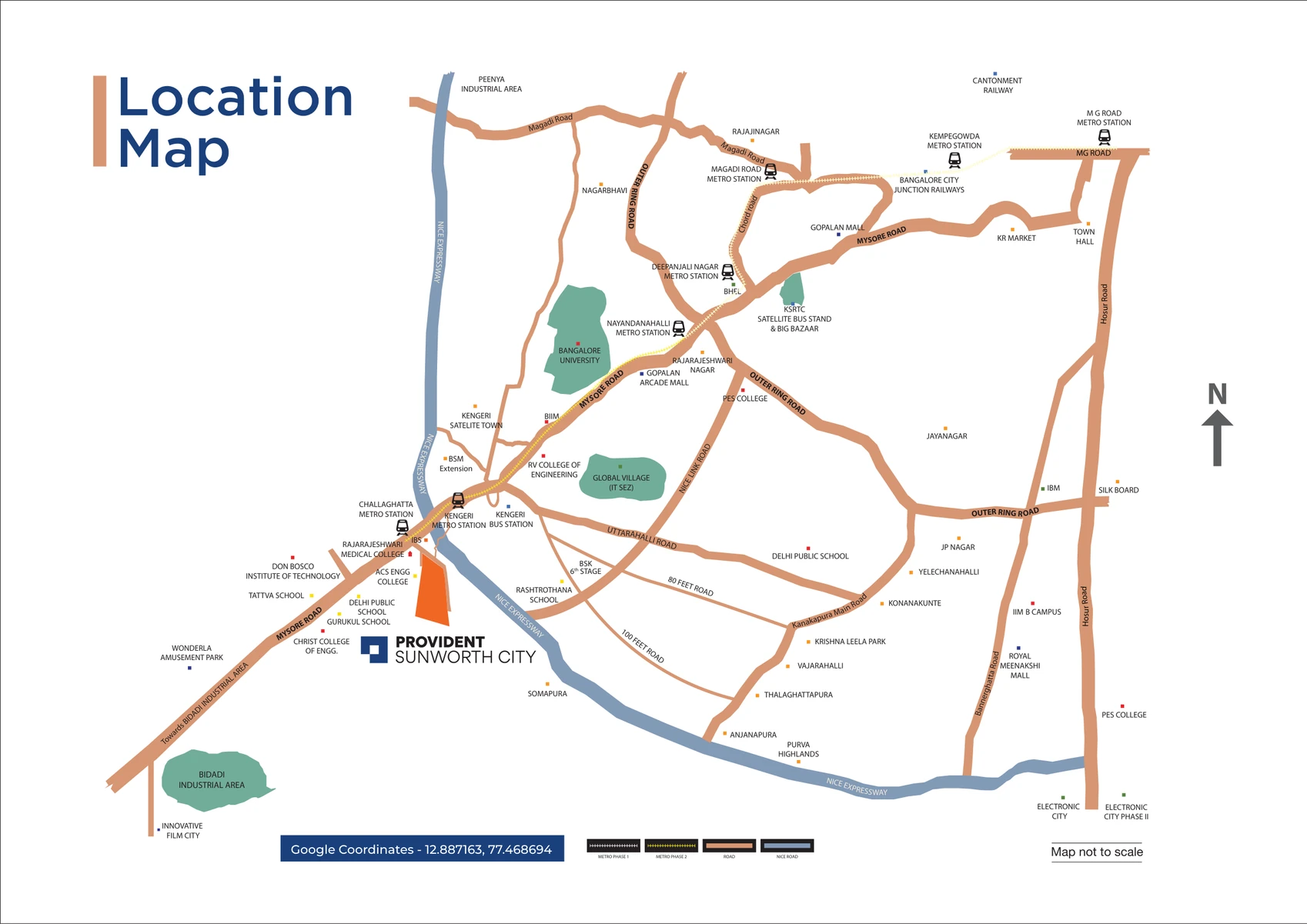 Location map of Provident Sunworth City off Mysore Road near NICE Junction and Challaghatta Metro, Bengaluru