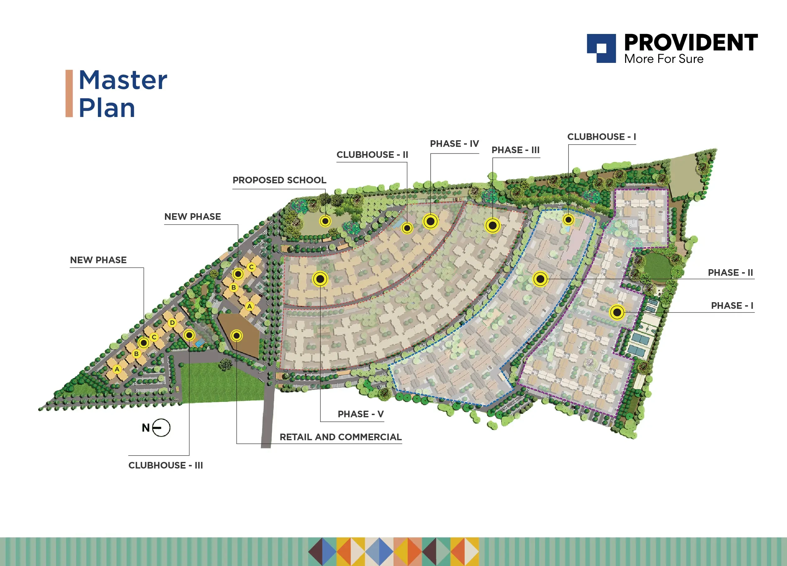 Provident Sunworth City master plan with Phases I to V, the new phase, three clubhouses, a proposed school and retail