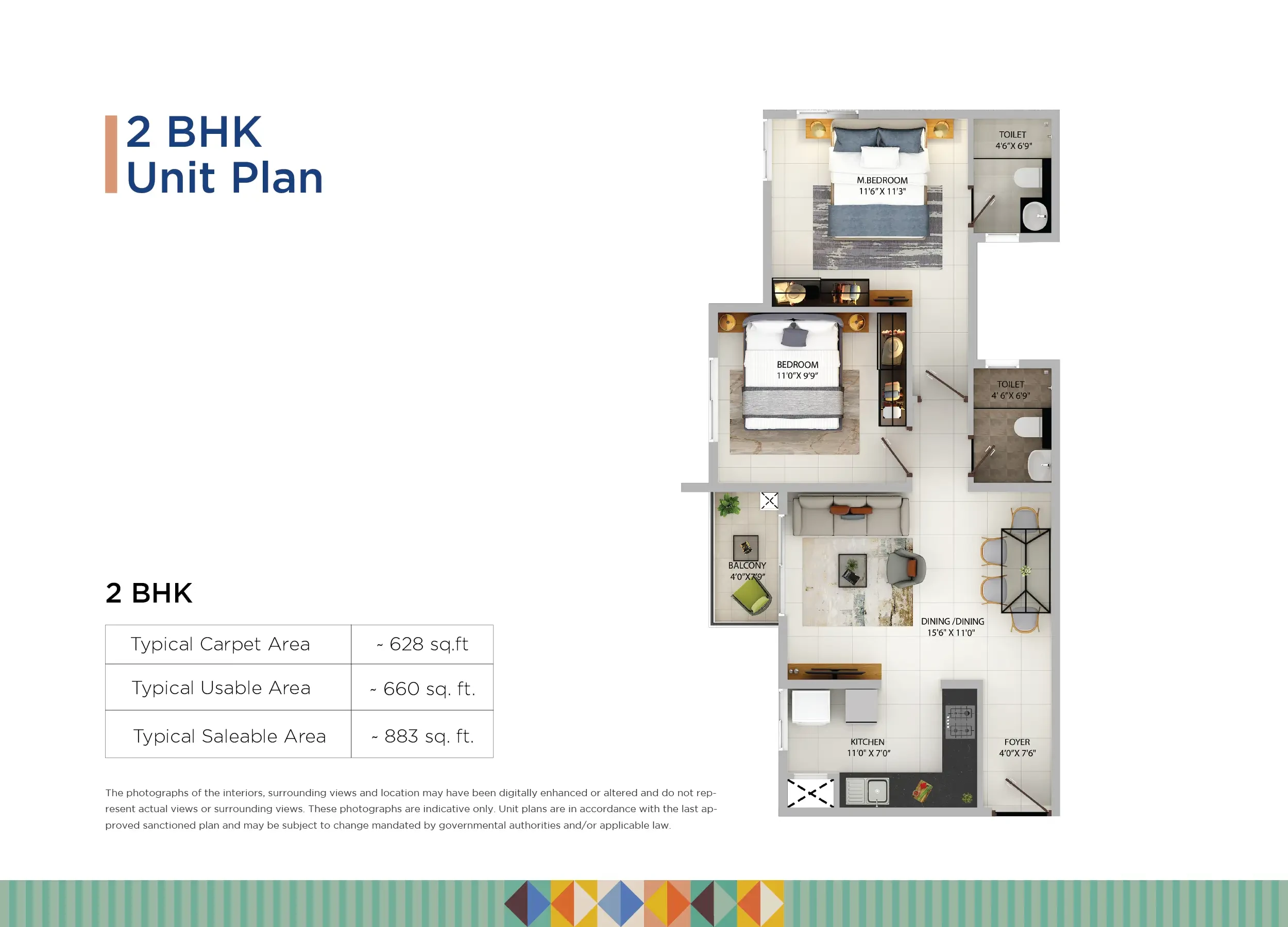 Provident Equinox 6 2 BHK unit plan with room sizes and a typical saleable area of about 883 sq.ft