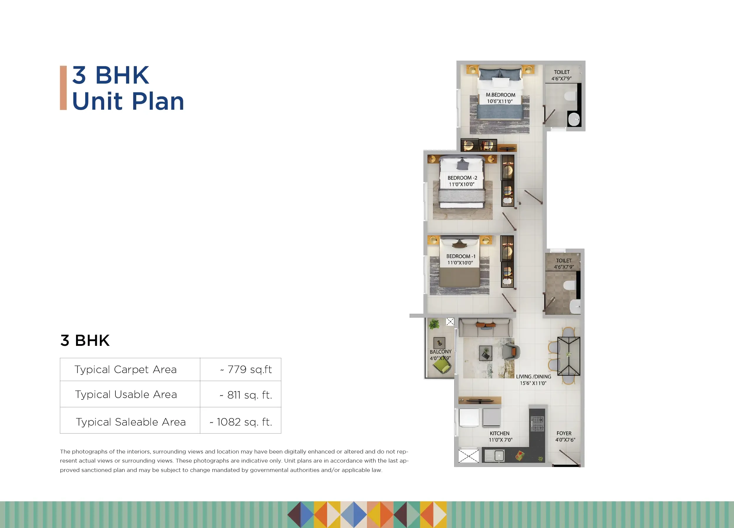 Provident Equinox 6 3 BHK unit plan with room sizes and a typical saleable area of about 1,082 sq.ft