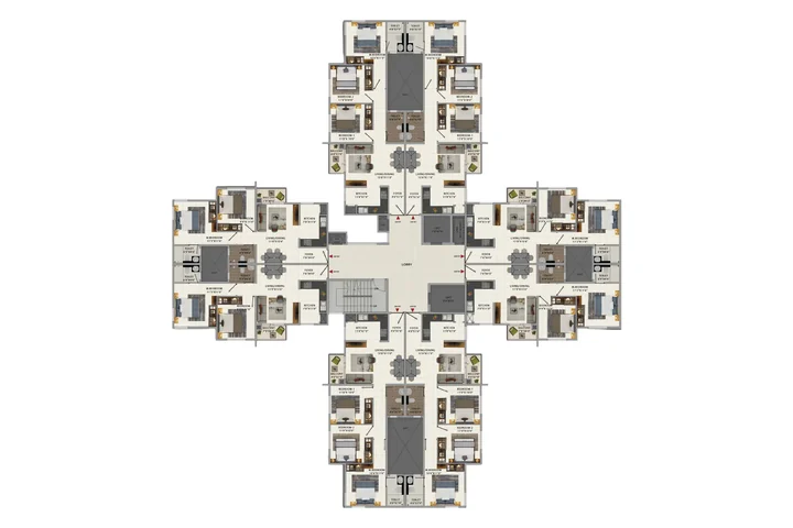 Typical floor plan of a cross-shaped tower with eight homes